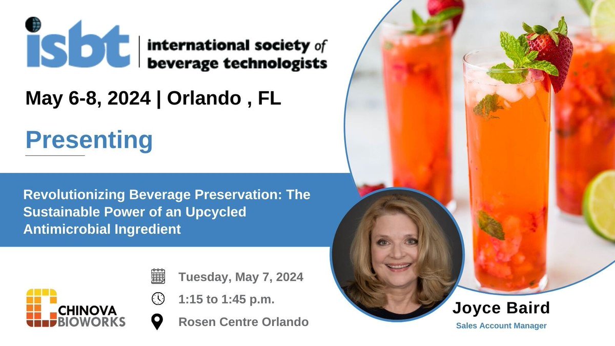 Join Chinova's Account Manager, Joyce, as she presents 'Revolutionizing Beverage Preservations: The Sustainable Power of Upcycled Antimicrobial Ingredients' at the ISBT BevTech Conference on May 7th! 🎉 She'll discuss Chiber's effectiveness in beverages. hubs.li/Q02w2CCp0