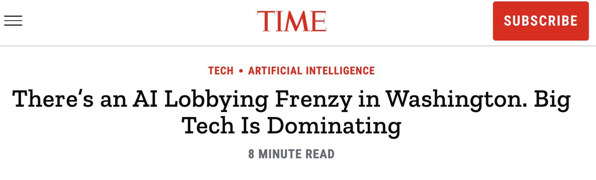 Absolutely essential reporting from @henshall_will at @TIME. Writing on AI lobbying that doesn’t look at the relative spending of industry vs. civil society is misrepresenting things. The AI safety & ethics args get more love in media, but this masks where the real power is...