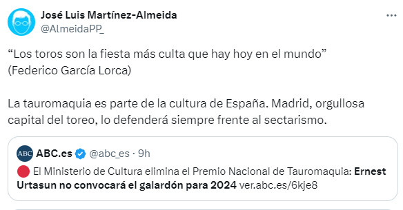 Almeida manoseando a Lorca para defender la tauromaquia y el extinguido Premio Nacional de Tauromaquia y, por republicano y antifascista, los fundadores del PP le asesinaron como sicarios y le tiraron a una maldita cuneta