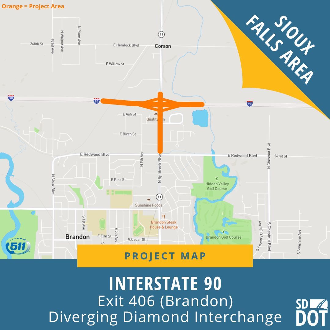 Beginning Tuesday, May 7, 2024, the Interstate 90 eastbound off-ramp at exit 406 (Brandon) will be closed between 9 a.m. and 3 p.m. This work is anticipated to last up to five days. Find the latest information about the project at dot.sd.gov/i90-exit406-br…. #SDDOT #SD511