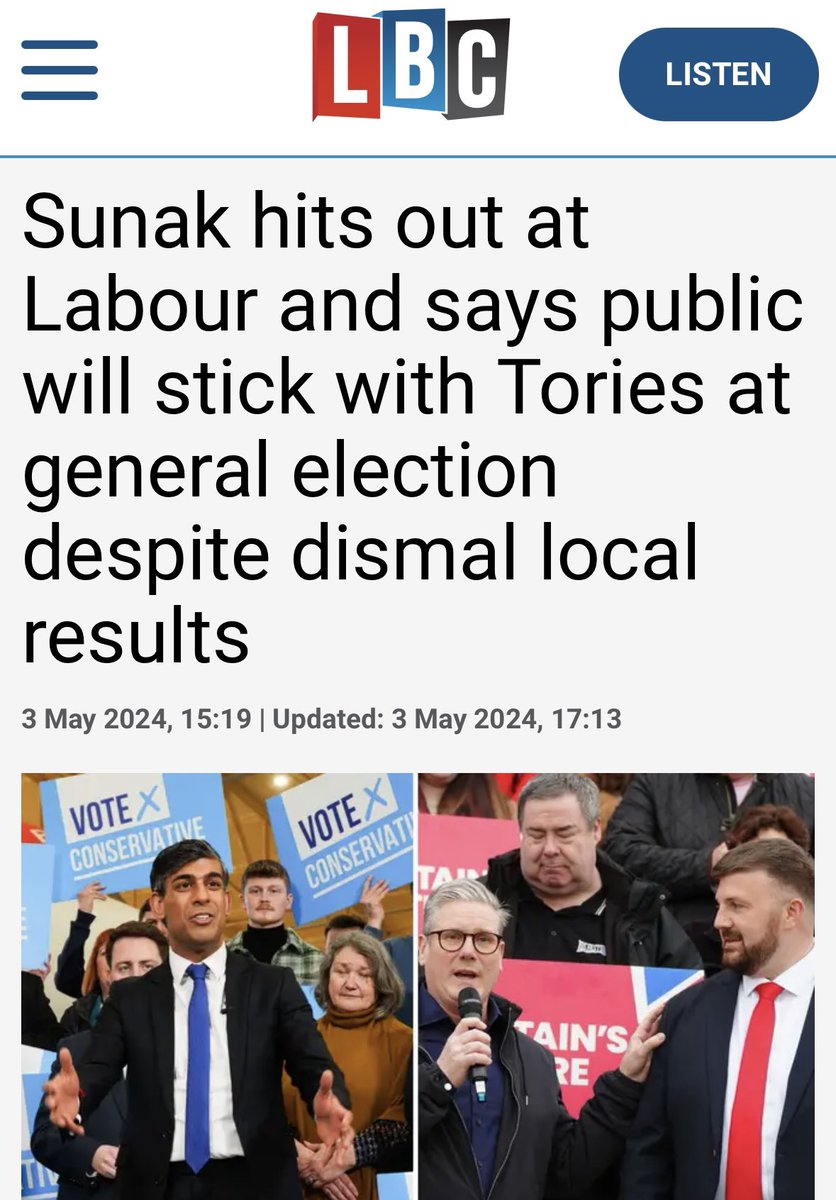 Sunak still really can’t read the room👇🏼👇🏼🥴 It should read “Sunak hits out at Labour because the public will stick it to the Tories at general election as shown by dismal local results” I’ll check with political commentators @ChirpyChet @dave43law @Nurseborisbash sound right?