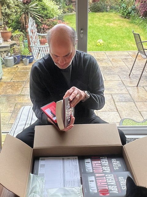 Obligatory photos of me opening the box of Author's Copies of my new - and 12th - book. 'Every Spy a Traitor' is published on 6th June by @canelo_co - thanks to them, to my editor @Craig_Lye and my agent @gordonwise