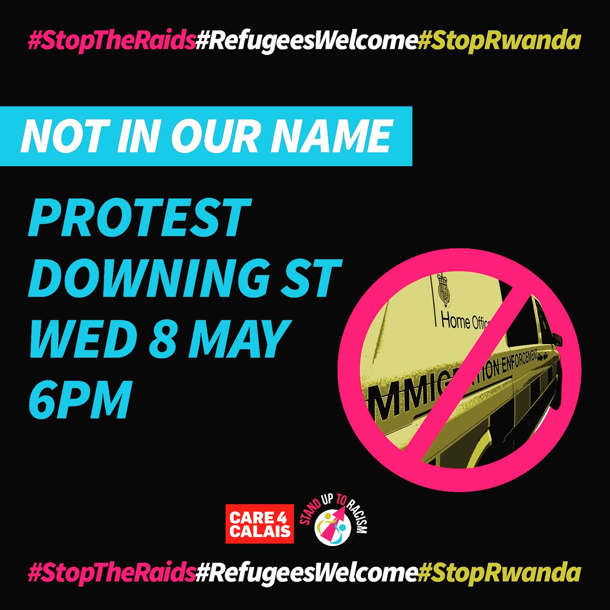 #StopRwanda detention raids - 📢Tell Sunak #RwandaNotInOurName
📣PROTEST WED 8 MAY
📍Downing Street
🕕 6pm*

⚠️ Spread the word, bring banners, say it loud, say it clear #RefugeesWelcome here 🔥

👉🏿In London - Join the demo!

👉🏿Everywhere - join the X/Twitterstorm #StopRwanda…