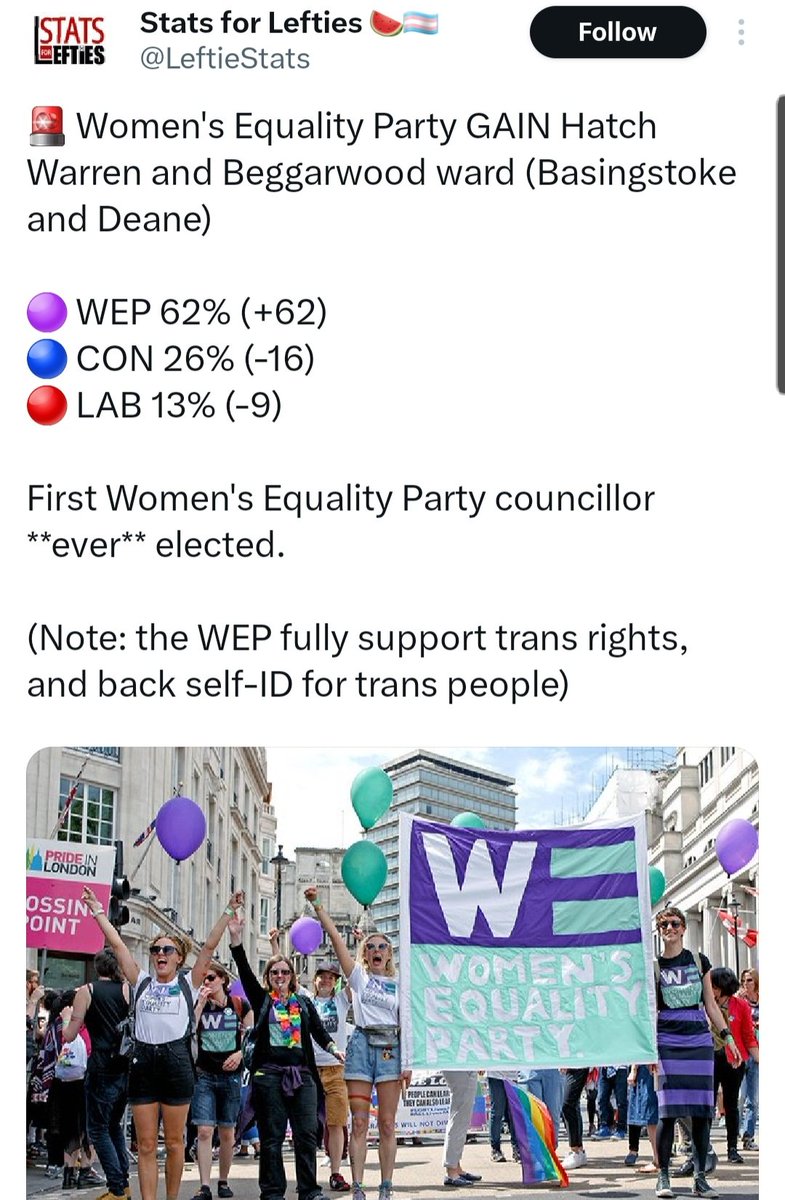 A couple of points here : Women's Equality Party support self ID, which means they support males calling themselves women. Let's read the name of the party once again: Women's Equality Party. They sold out years ago, despite the adoption of women's suffrage colours. 1/