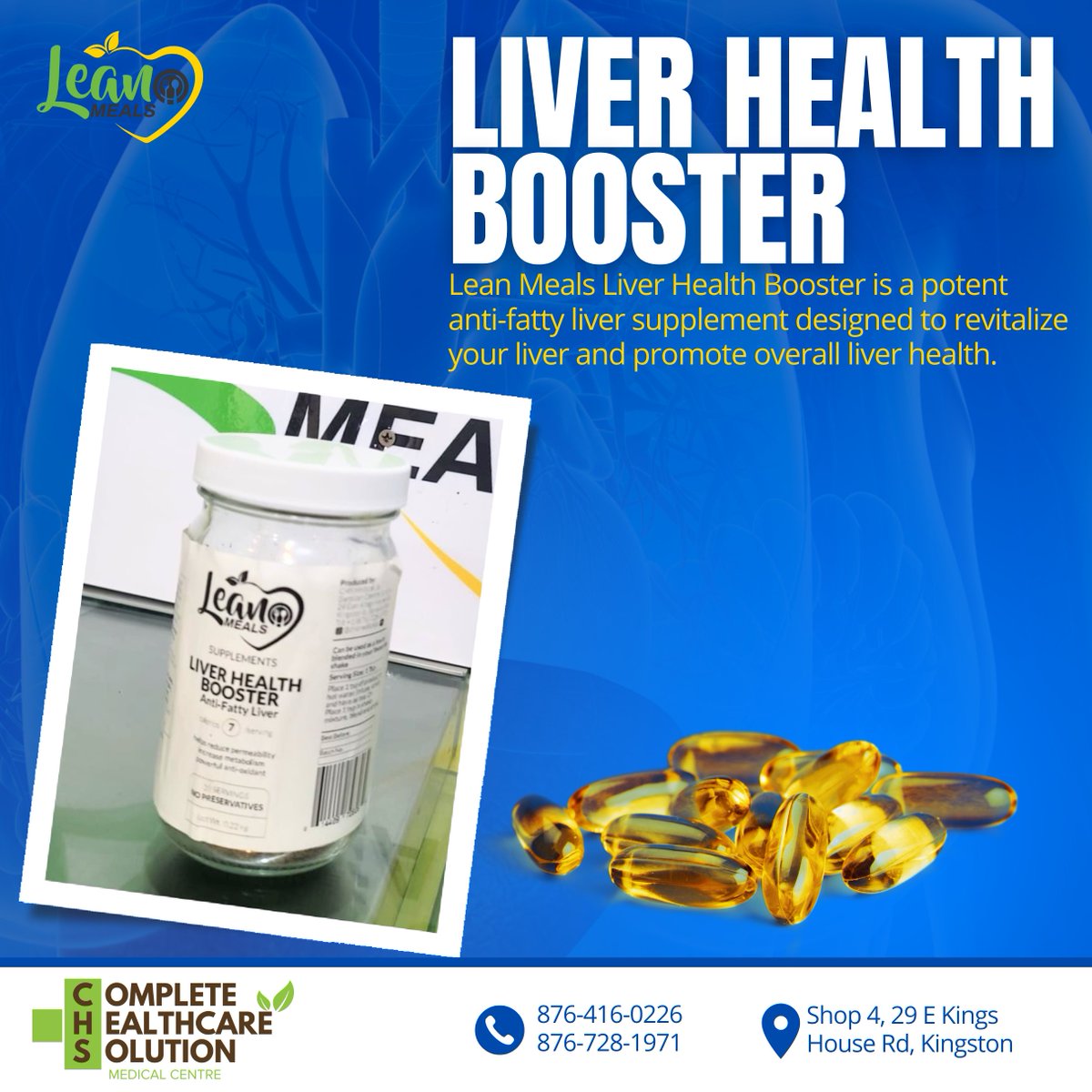 Try CHS Medical Liver Health Booster today and take the first step towards a revitalized liver and a revitalized life.

#leanmeals #liverhealthbooster #antifattyliver #chsmedicalja #supplementsjamaica 
 #NutritionCoach #kingstonjamaica #medicalcentre