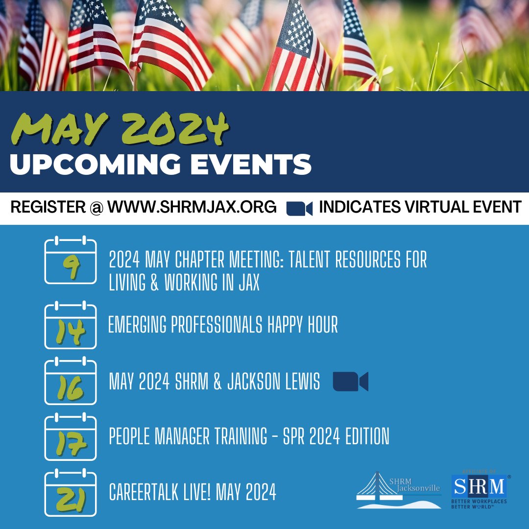 Mark your calendars for all the exciting events coming up this month 📆 ✅

#SHRMJacksonville #HRFlorida #HRMatters #AwardWinning