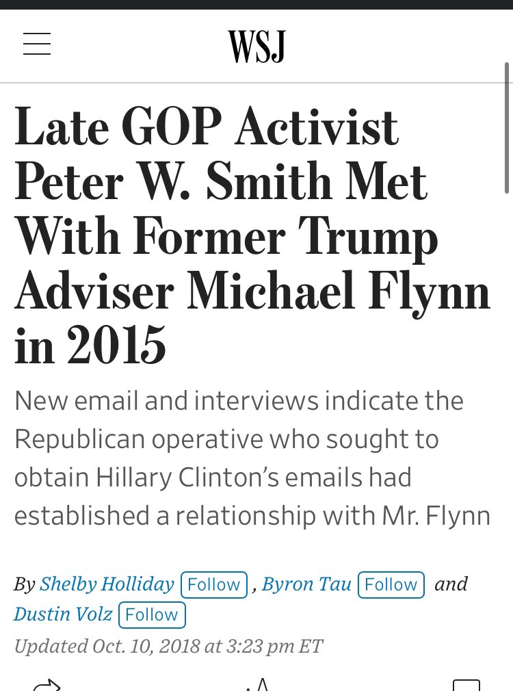 You guys remember poor Peter Smith? The guy who said they got Hillary’s emails, and ended up dead. Rupert Murdoch ‘s WSJ, “fixed” that story, for Trump.