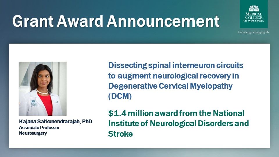 👏👏👏 Congratulations to Dr. Kajana Satkunendrarajah on her recent award from the National Institute of Neurological Disorders and Stroke!