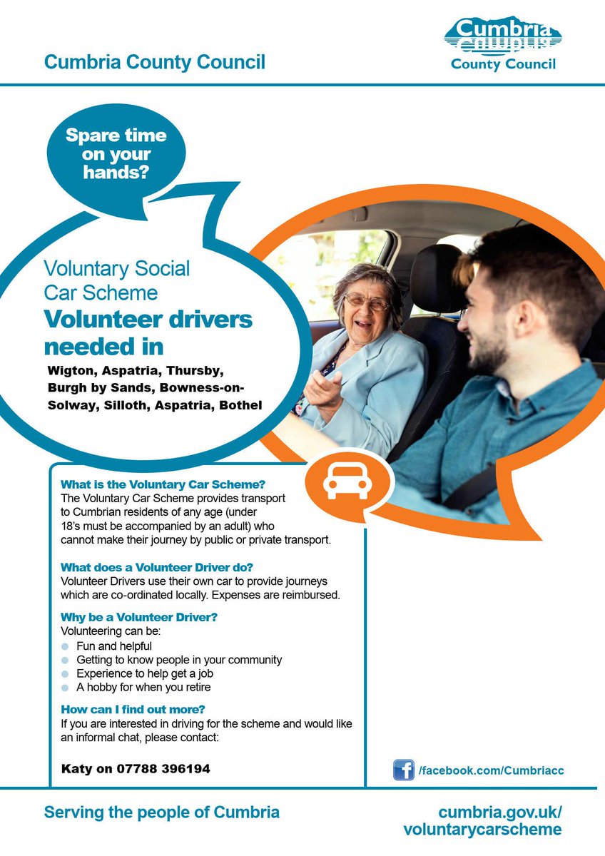 Volunteer drivers wanted! Spare time on your hands? The Voluntary Social Car Scheme needs you! It provides transport to Cumbrian residents if any age who cannot make their journey by public or private transport.