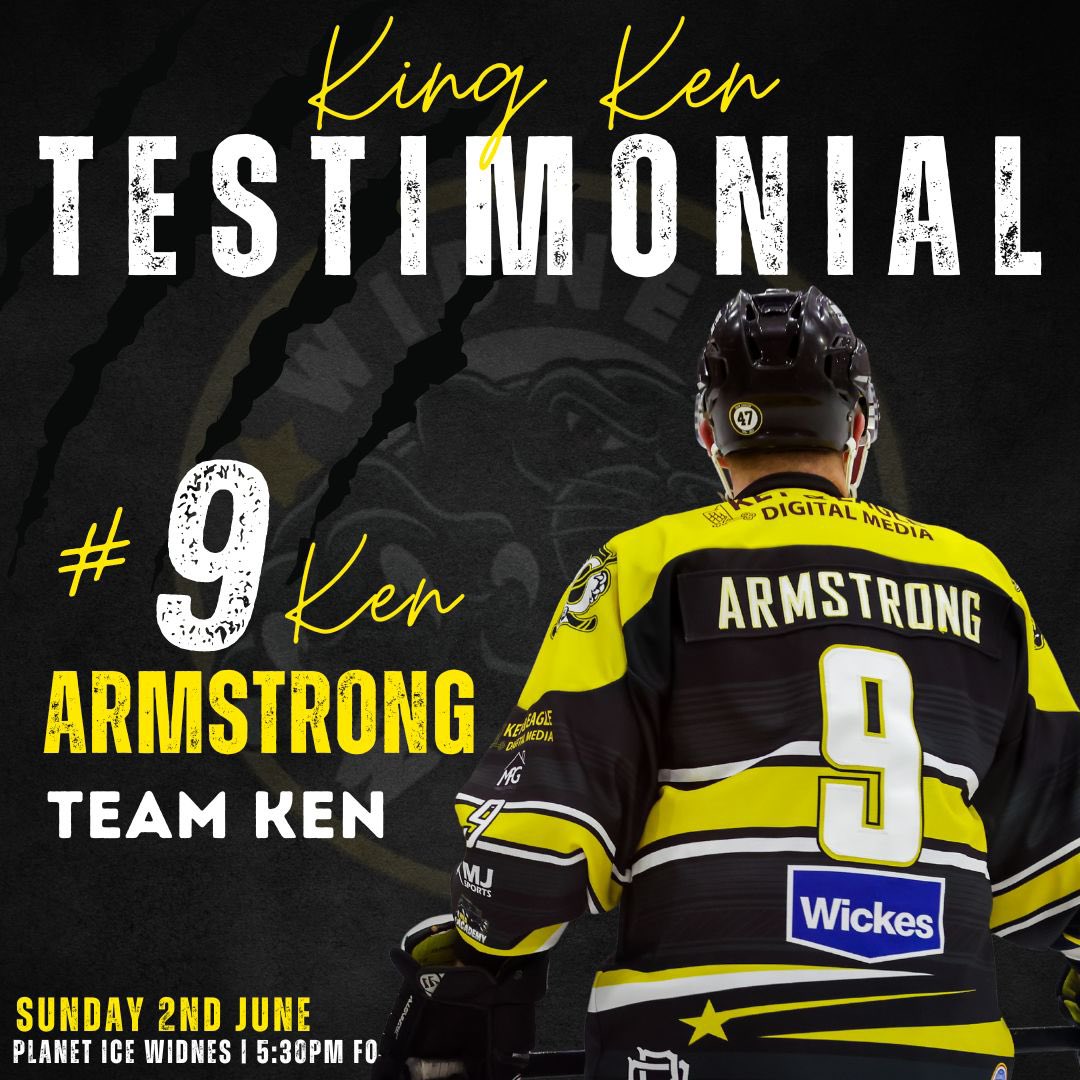 𝗞𝗜𝗡𝗚 𝗞𝗘𝗡 𝗧𝗘𝗦𝗧𝗜𝗠𝗢𝗡𝗜𝗔𝗟! 👑 Widnes Wild are thrilled to announce we will be holding a testimonial game to honour our #9 Ken Armstrong! 🙌 📅 Sunday 2nd June ⏰ 5:30pm face-off 📍 Planet Ice Widnes Team Wild 🆚 Team Ken Player announcements coming soon! 👀