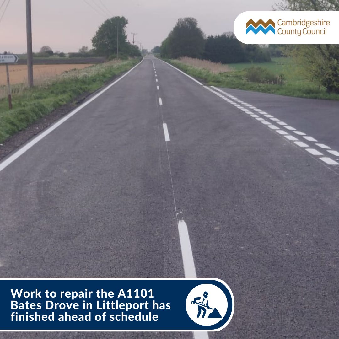 Work to replace the road surface on the A1101 Bates Drove in Littleport has finished a week ahead of schedule. In our recent budgets we committed £5m to carbon consciously repair roads constructed over fen soils, like Bates Drove. Read more: ow.ly/lTQf50RvVxJ