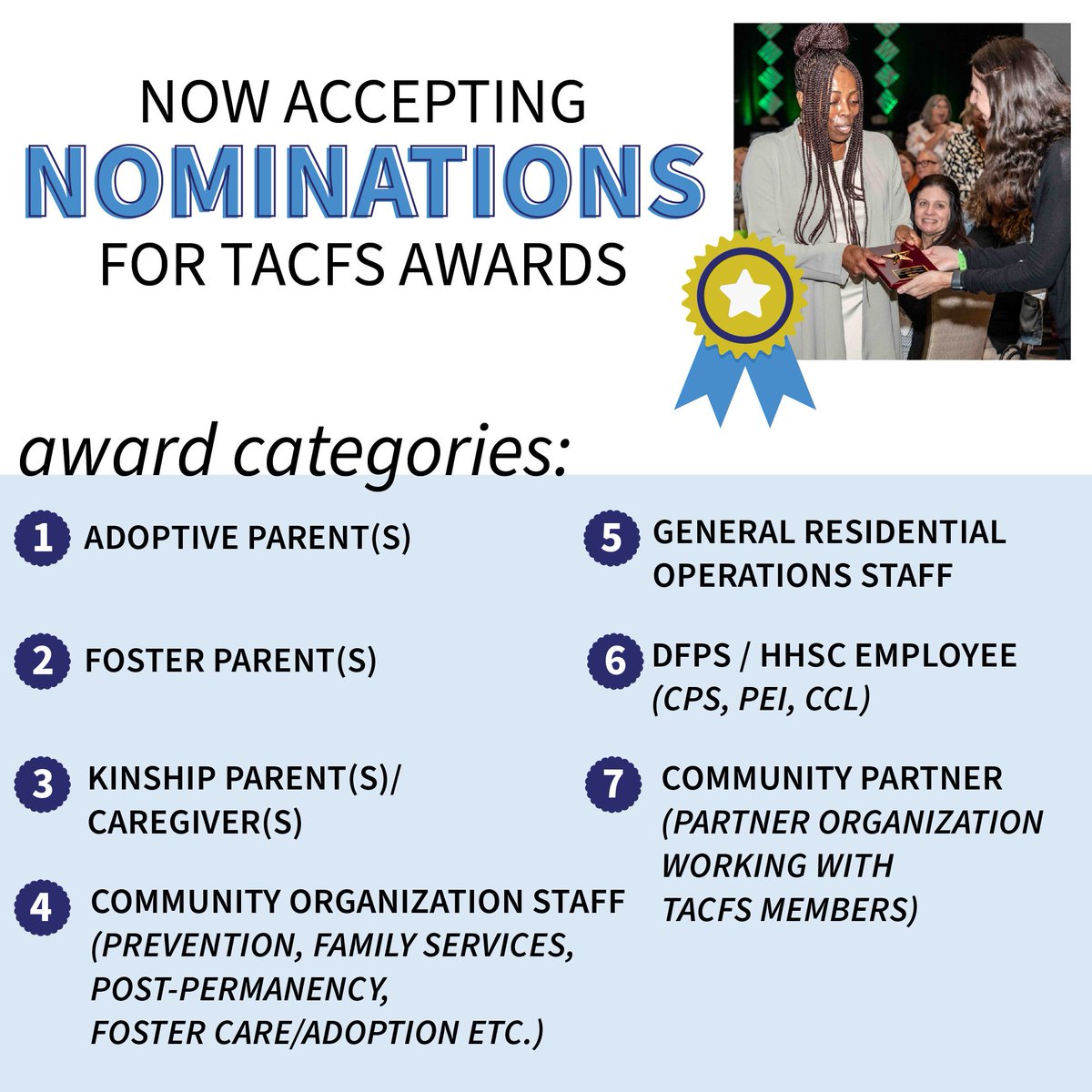 TACFS Award Nominations are NOW OPEN! TACFS member organizations are invited to submit nominations for our annual awards announced at the Texas Child Care Administrators Conference this October. Submit nominations by June 15: buff.ly/44vYo65.
