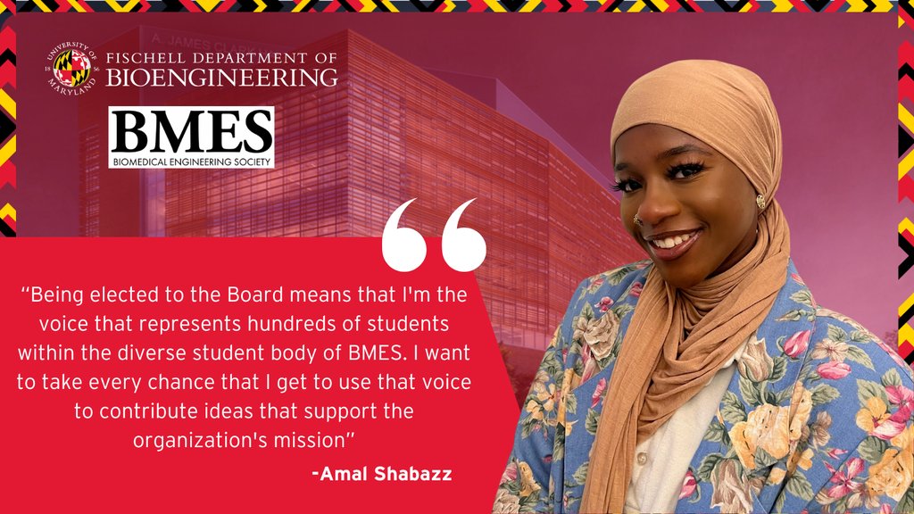 Congratulations to Ph.D. student Amal Shabazz, for her election to the Board of Directors of the Biomedical Engineering Society (BMES) as a Student Representative! Read more about her biomedical journey here: bioe.umd.edu/news/story/bio…