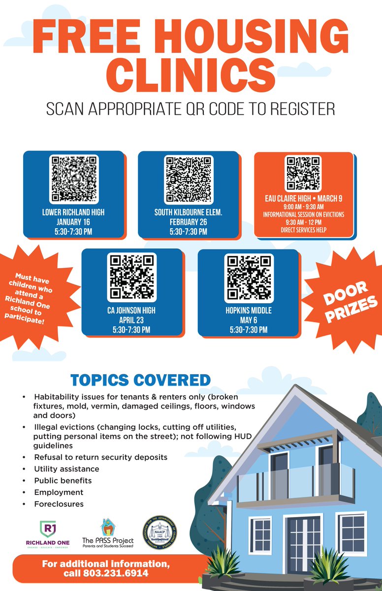 Richland One and the Columbia Branch of the NAACP will hold the final free housing clinic of the school year Monday, May 6 from 5:30-7:30 p.m. at @hopkinseagles. To register for the clinic, scan the QR code on the flyer or click the link below. richlandone.org/site/default.a…