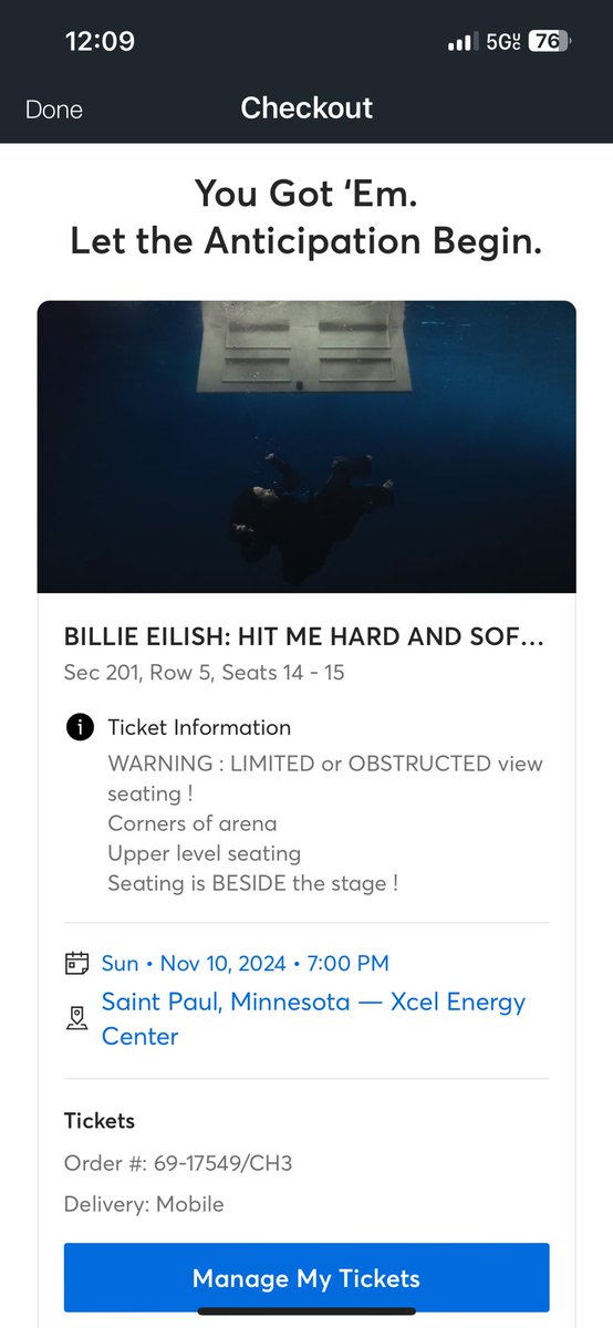 I GOT BILLIE TICKETSSSS. It says limited view but I’m literally in the nosebleeds in the corner in front of the stage?? now I’m worried #BillieEilish #HitMeHardAndSoftTheTour
