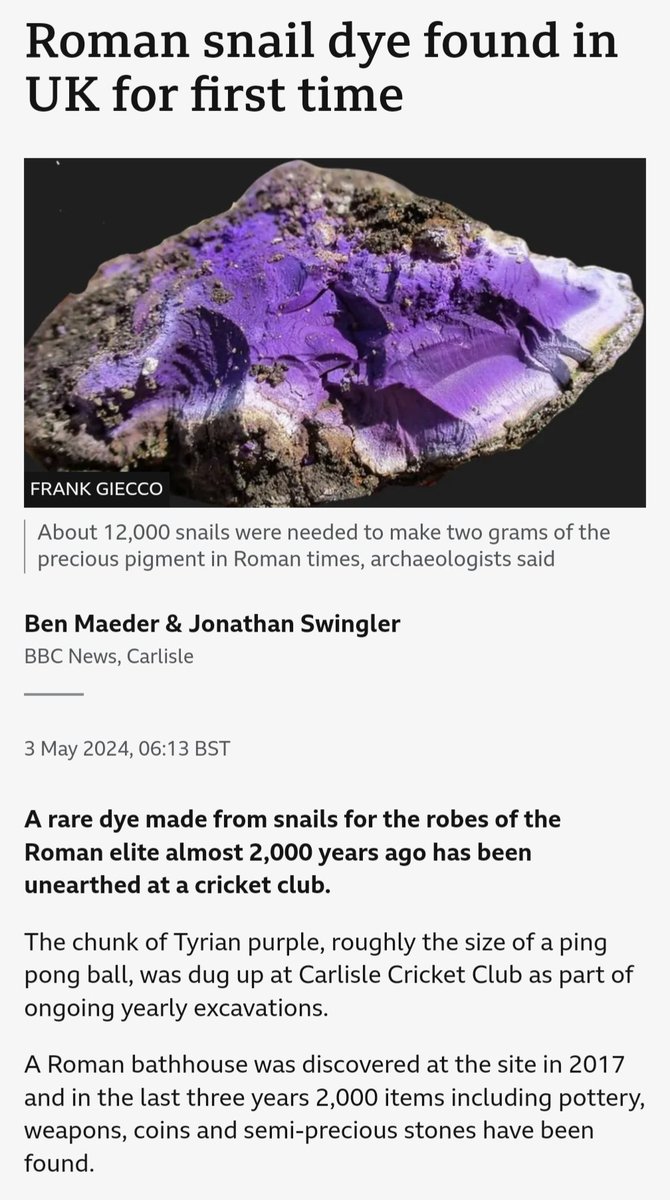 A lump of Tyrian purple has been uncovered beneath a cricket club in the UK. bbc.co.uk/news/articles/…