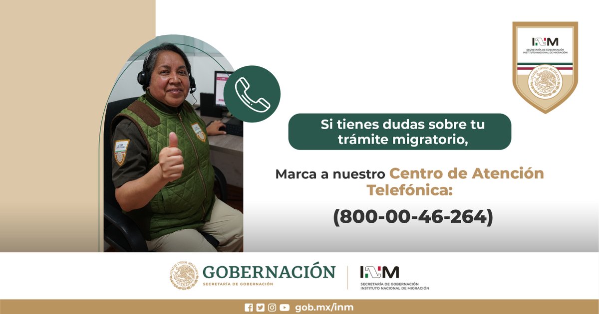 ¿Tienes dudas de cómo regularizar tu situación migratoria en #México 🇲🇽?
Llama a nuestro Centro de Atención Migratoria 800 0046264 📞
#INMContigo