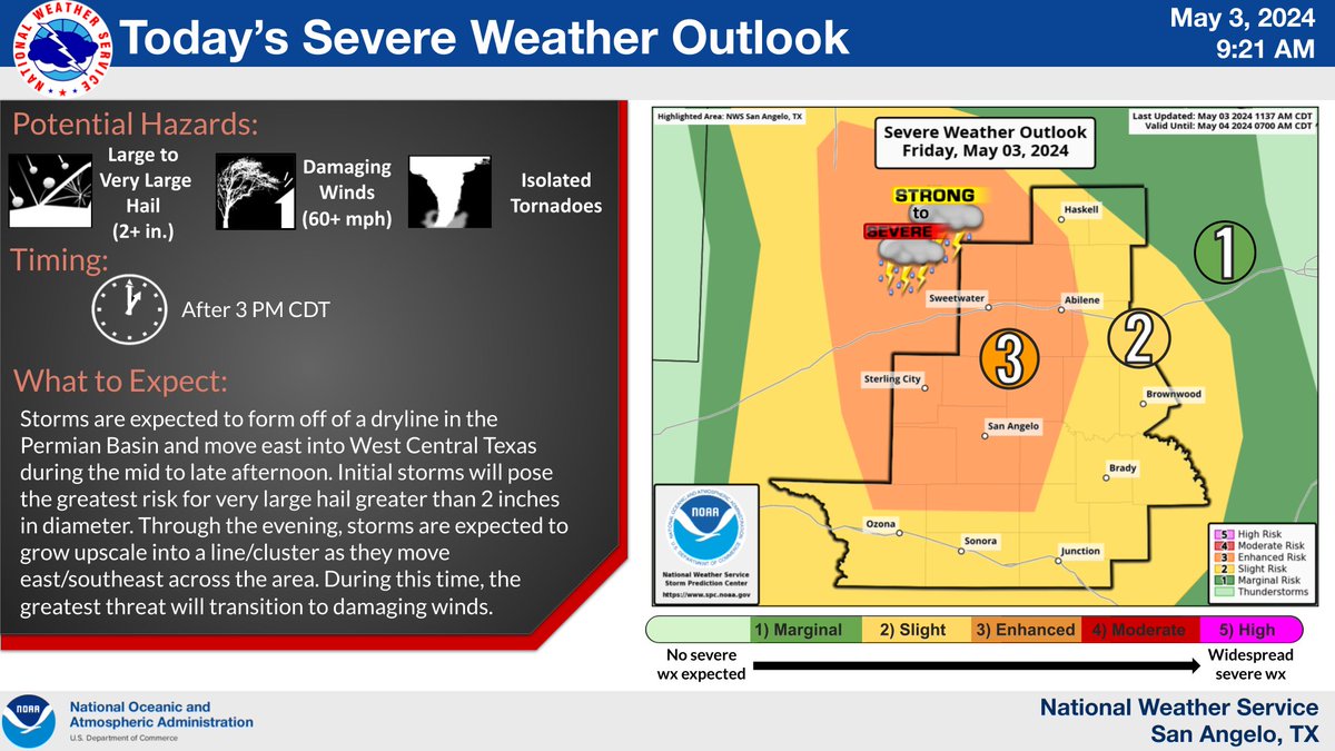 Latest outlook brings the enhanced severe potential farther west and includes Crockett county for the slight risk/enhanced severe.  #txwx #sjtwx #abiwx