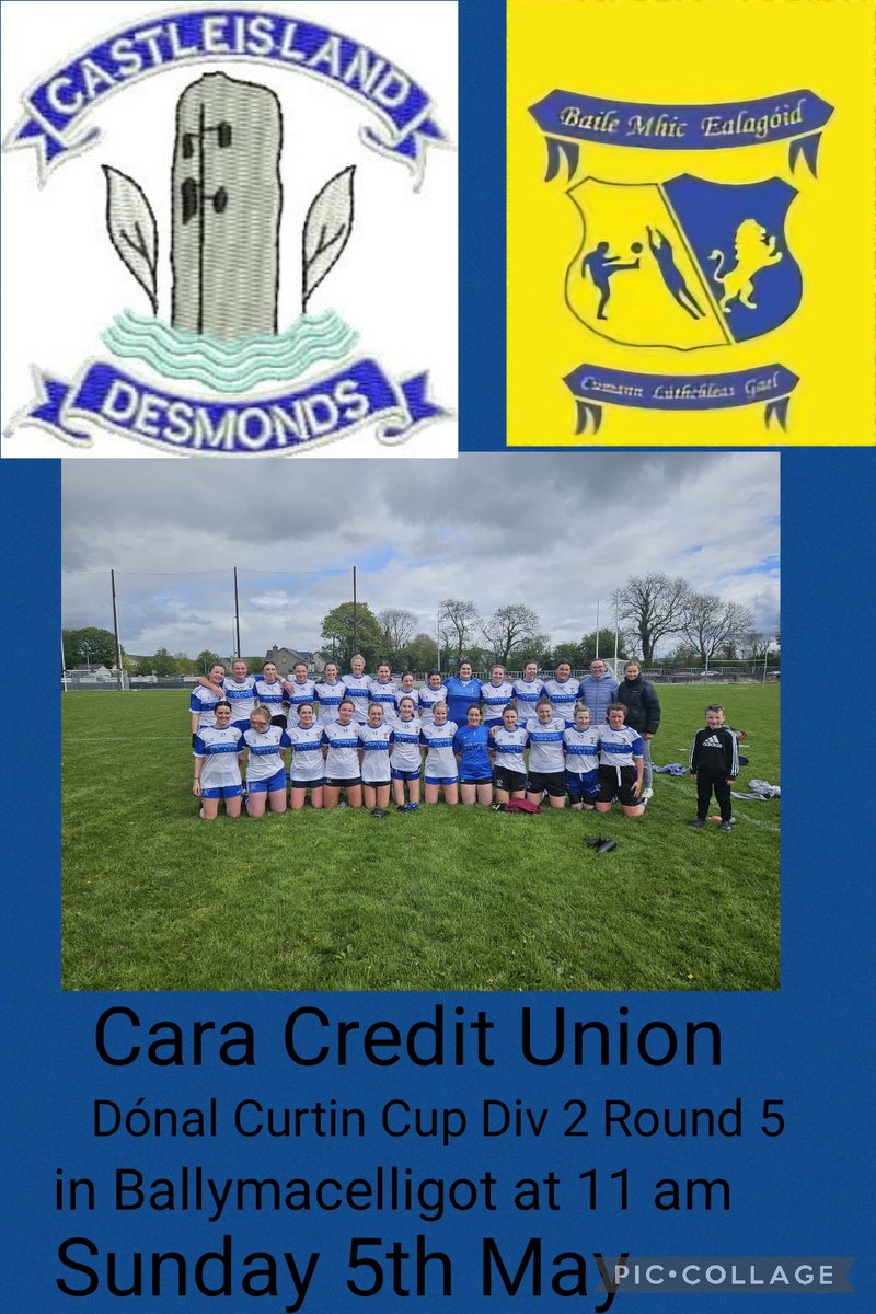 Please note the revised time of 11am on Sunday 5th May @GaaDesmonds
Castleisland Desmonds Ladies Club v @Ballymac_gaa in Ballymacelligot.
Please support