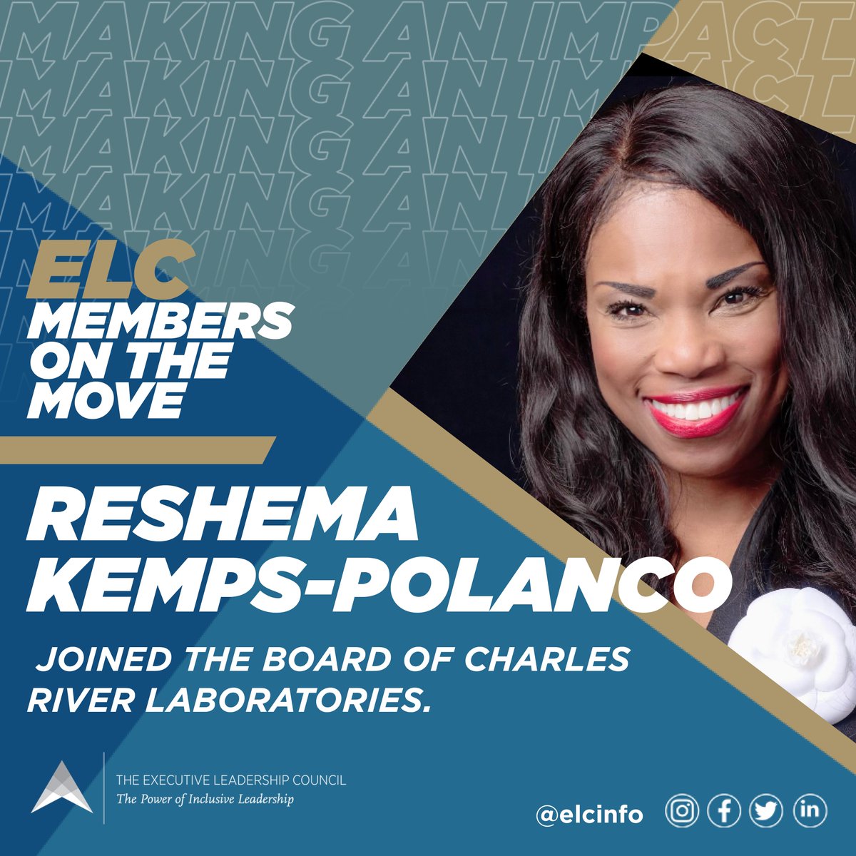 Congratulations to #ELCMember Reshema Kemps-Polanco, who joined the Board of Charles River Laboratories (@CRiverLabs).

#ELCMembersOnTheMove #BlackWomenLead #BlackExecutives #BlackLeadership