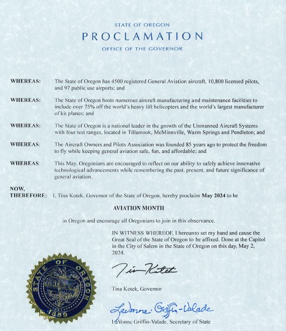 MAY 2024
Happy Aviation Month! 
Governor Kotek issued a proclamation in recognition of Aviation Month for the State of Oregon!
✈Thank you Brad Schuster from AOPA @flywithaopa for making this happen!🎉