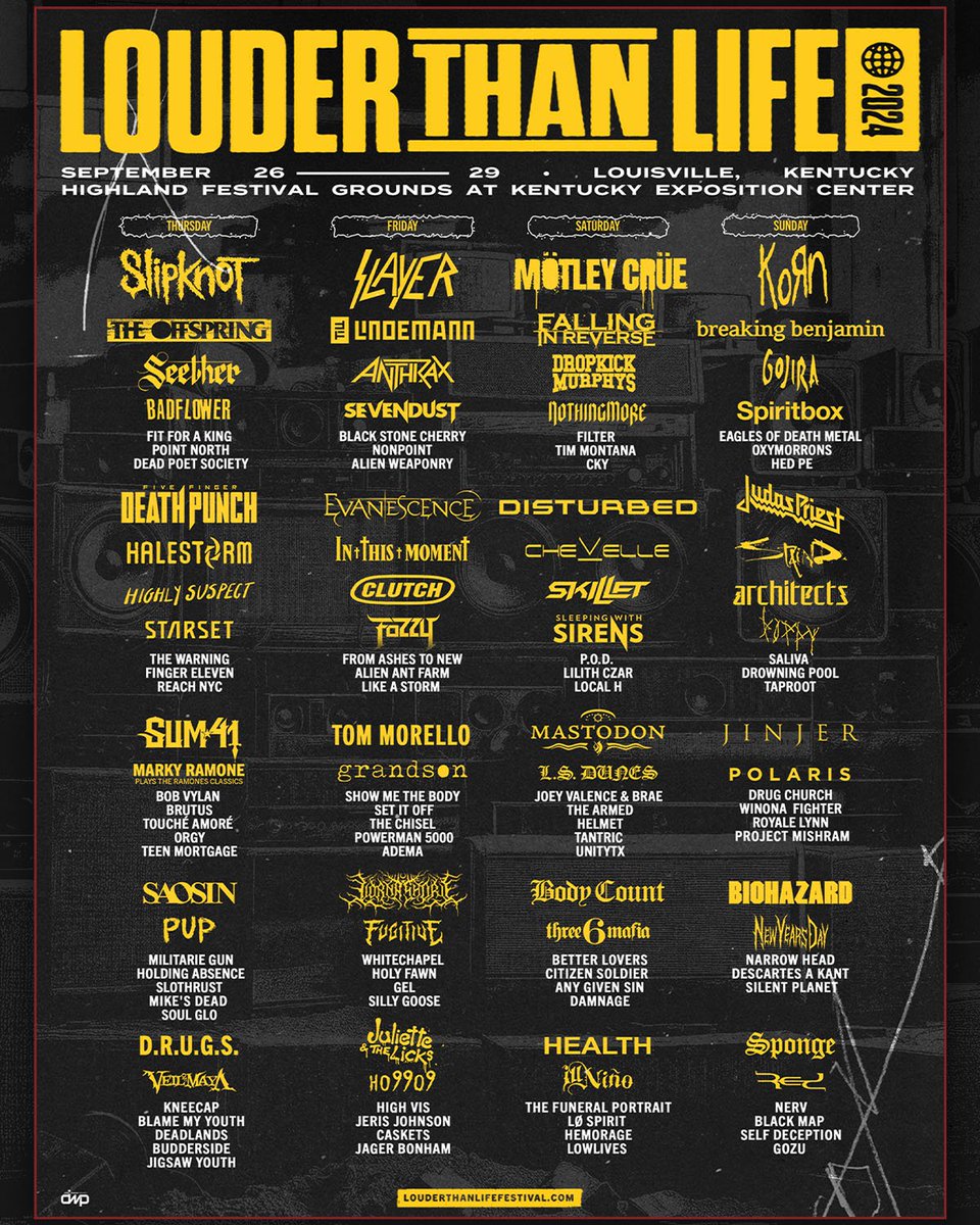 Louder Than Life lineup update! Lit will no longer be performing, but get ready for some shifts that'll keep the energy high: CKY is now on for Saturday and Dead Poet Society is taking over your Thursday! Adjust your schedules and prep for an unbelievable weekend! Who are…