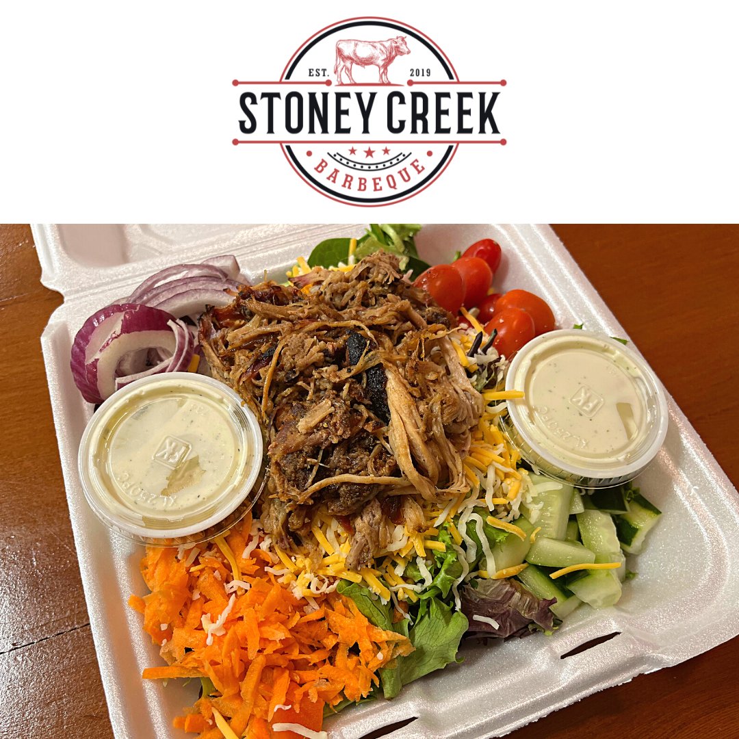 You've got to try our Pulled Pork Salad! Fresh greens, shredded cheese, shredded carrots, red onions, cherry tomatoes, & your choice of dressing.

#Salad
#PulledPork
#PulledPorkSalad
#BBQ
#LowAndSlow
#StoneyCreekBBQ
#Porterville
#WorthTheDrive