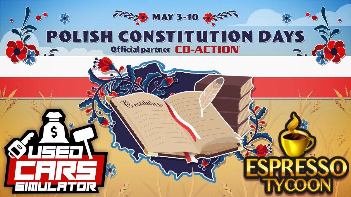 We are extremely pleased to announce that Polish Constitution Days has just launched on Steam! 🇵🇱 And our games are part of it 😃 Check them out!😄 Used Cars Simulator: store.steampowered.com/app/2637940/Us… Espresso Tycoon: store.steampowered.com/app/1543280/Es… #indiegames #Steam @acramdigital @cdaction