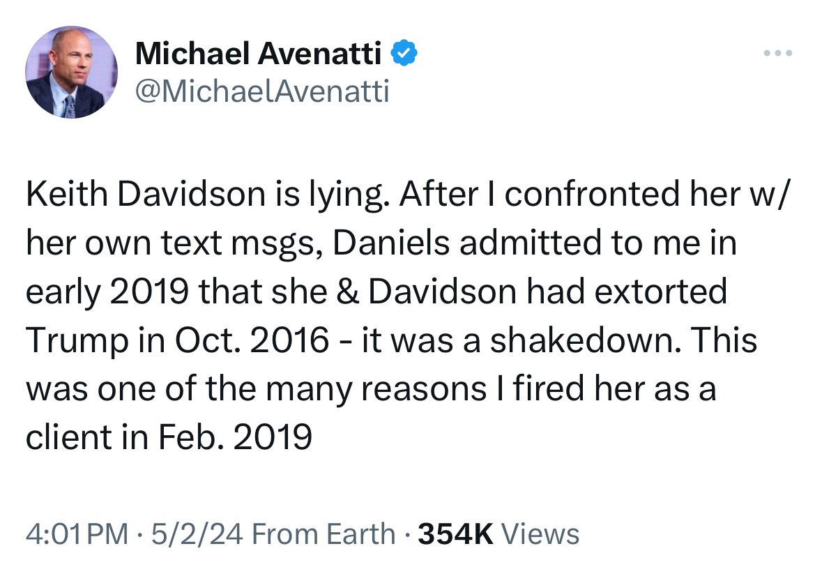 Disgraced Creepy Porn Lawyer Michael Avenatti is literally posting from his jail cell to defend Trump. Keith Davidson is a key witness in the Trump Hush Money trial. Avenatti says Davidson is LYING. He says Horseface Stormy Daniels admitted she & Davidson extorted Trump in…