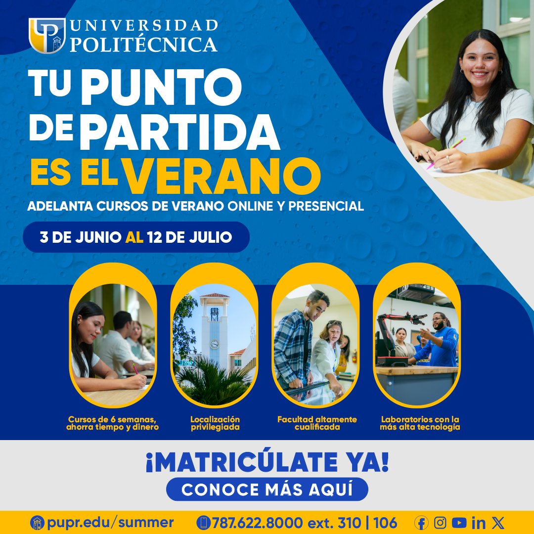 ¡Adelanta clases este verano 2024! Matrícula Regular del 3-12 de junio. Registro: pupr.edu/summer/ Para más información, llámanos al 787-622-8000 ext. 310/106 o envía un email a: admisiones@pupr.edu Tu punto de partida es #LaPoliPR