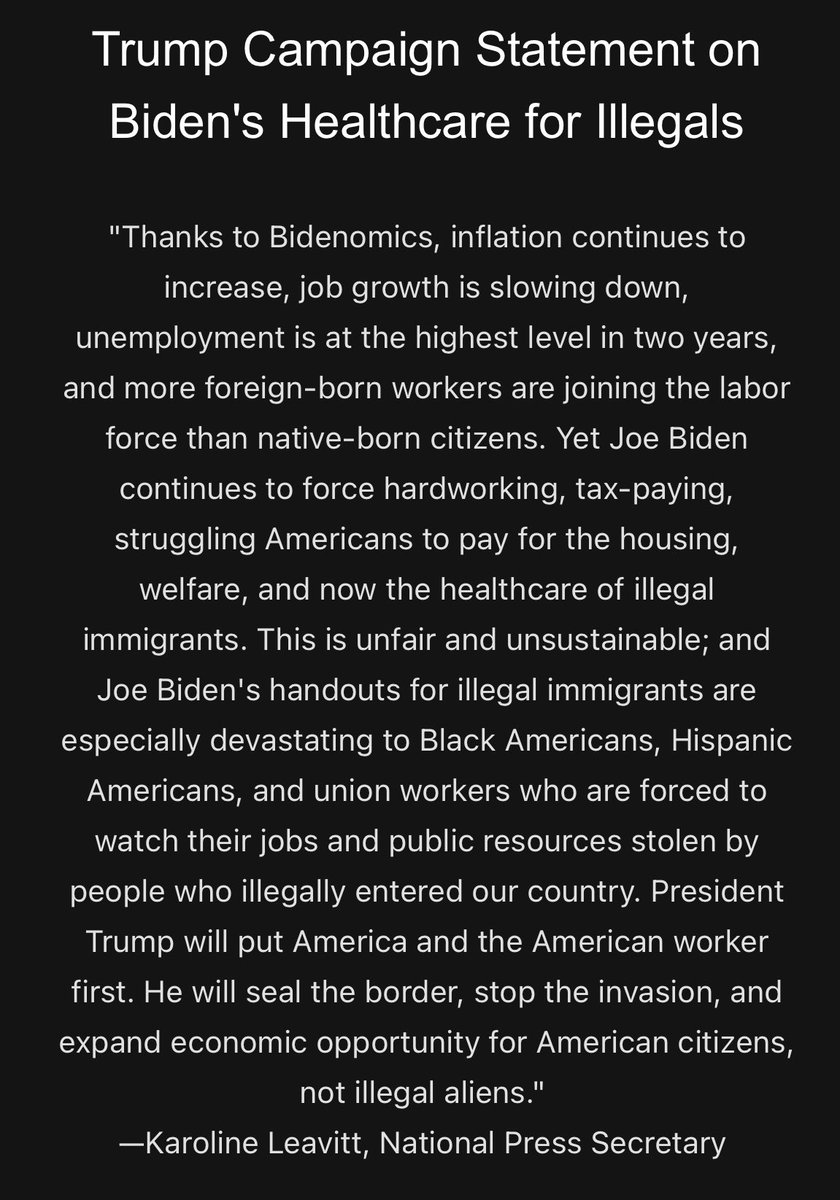 .@kleavittnh with a strong statement on Biden expanding healthcare to DACA migrants: “Joe Biden continues to force hardworking, tax-paying, struggling Americans to pay for the housing, welfare, and now the healthcare of illegal immigrants. This is unfair and unsustainable.”