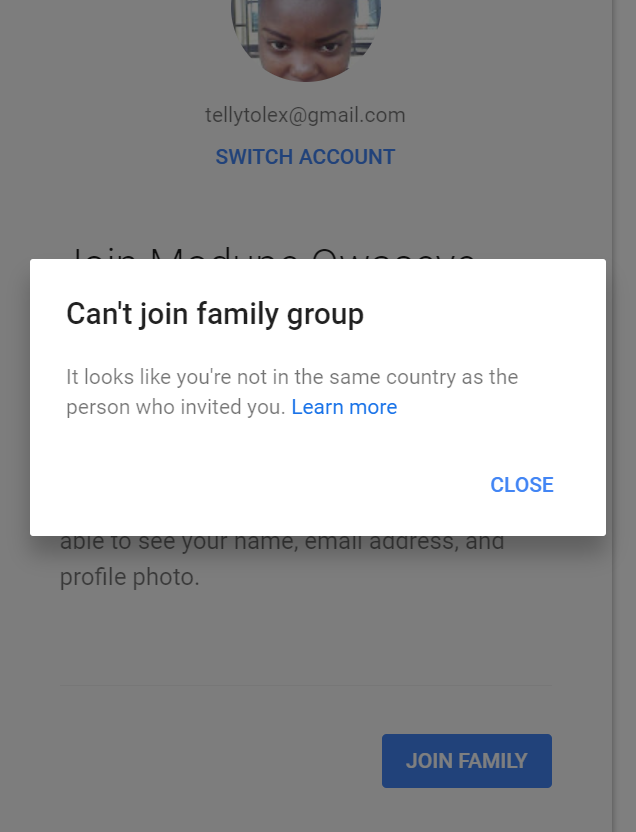 tellytolex's tweet photo. @Google getting this error when about joining my family group, any assistance, my email is tellytolex@gmail.com https://t.co/0yS8fV6e9w