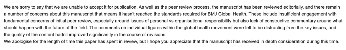 Although the final peer-reviewer largely praised our latest draft and offered only minor revisions, @GlobalHealthBMJ editors used cherry picked, disingenuous, and superficial critiques from this process to justify their rejection. 3/