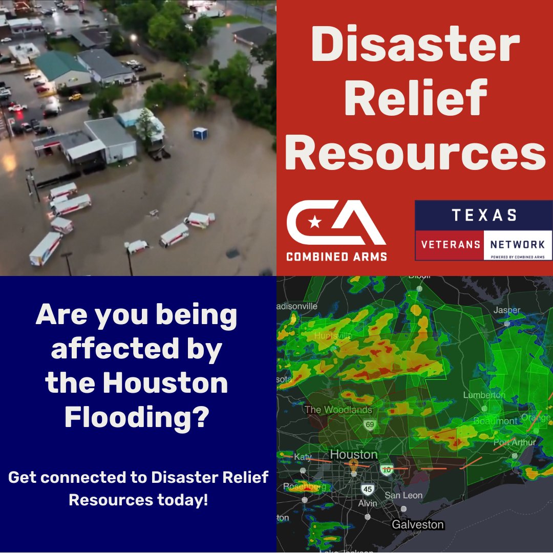 Feeling the impact of Houston's floods? Find disaster relief resources you need on your Combined Arms profile. We've got your back! Get Connected today at bit.ly/3OUCbZA #HoustonFlooding #DisasterRelief #VeteranSupport #Resources