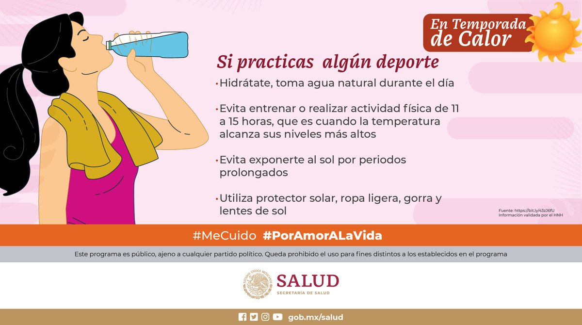 #EnTemporadaDeCalor ☀🔥 Si practicas algún deporte o realizas actividad física, pon en práctica las siguientes recomendaciones para protegerte de los golpes de calor. Conoce más en ➡️ bit.ly/4aQddn6 #MeCuido #PorAmorALaVida