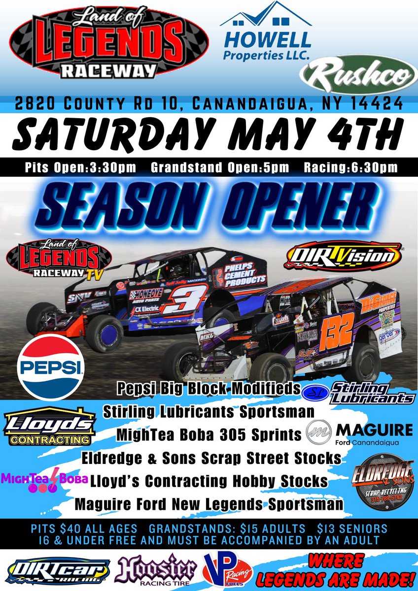 Opening Night 2024 @LandofLegendsNY Raceway presented by Rushco and Howell Properties is Saturday night! Pits 3:30PM, GA Gates 5:00PM, Racing 6:30PM. See the show in person or online at landoflegendstv.com and on @dirtvision