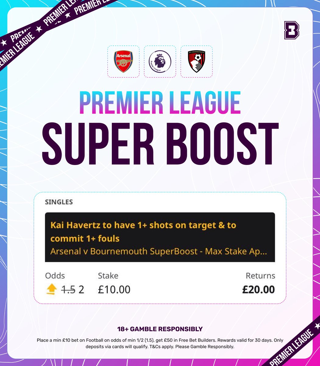 🚀 Kai Havertz 1+ SOT and 1+ foul boosted to EVENS. 📌 Load it: bit.ly/Havertz-Boost The stats for this are brilliant, I’ll reply with a few notes below. The boost is exclusive to Betfair. 🎁 Sign up to back it, and claim £50 in free bets: bit.ly/BF-G50-BB 18+,…