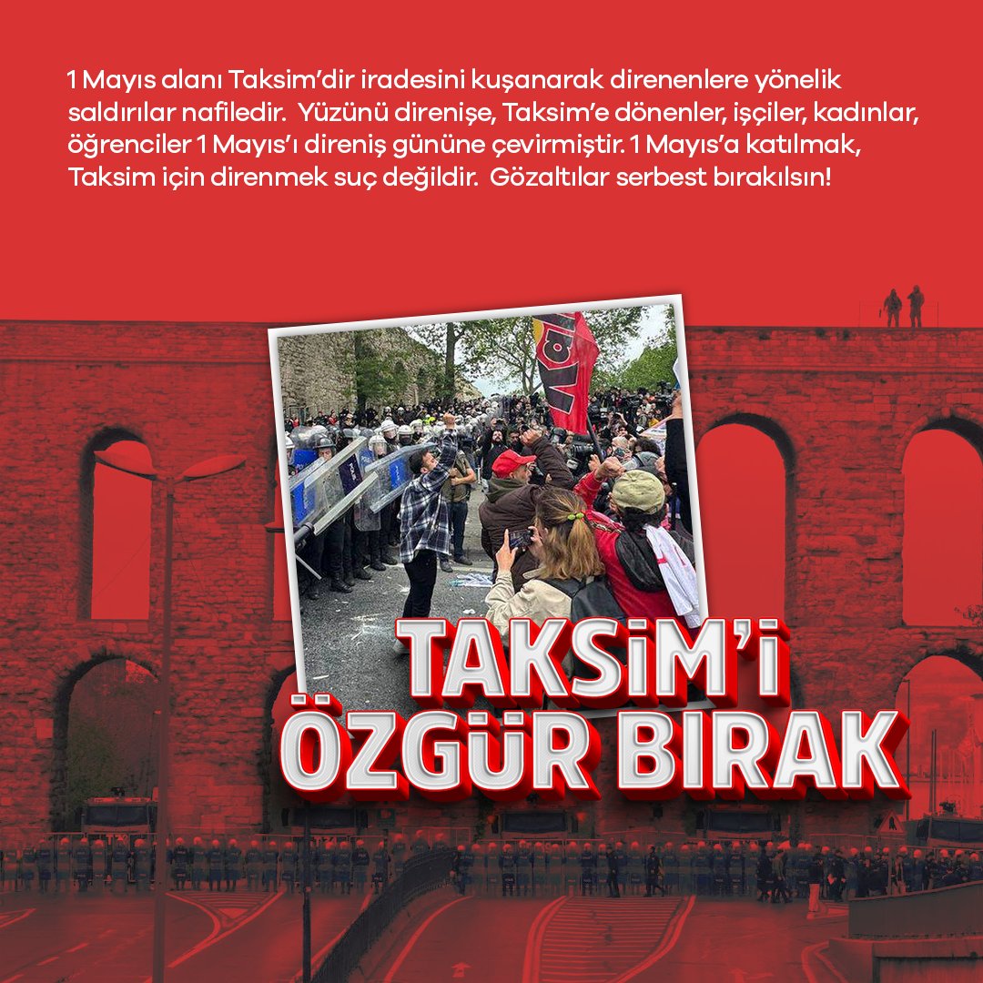 1 Mayıs alanı Taksim'dir iradesini kuşanarak direnenlere yönelik saldırılar nafiledir. Yüzünü direnişe, Taksim'e dönenler, işçiler, kadınlar, öğrenciler 1 Mayıs'ı direniş gününe çevirmiştir. Gözaltılar serbes bırakılsın! #TaksimiÖzgürBırak