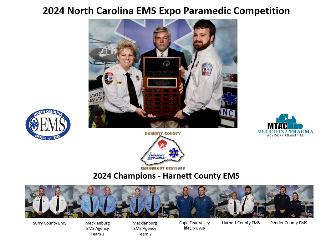 Congrats to Harnett County EMS on their 2024 North Carolina Paramedic Competition win! A strong showing from 3 MTAC region teams w/ @MecklenburgEMS (2 teams) & Cape Fear Valley lifeLINK AIR. #MetrolinaTrauma #EMS #Prehospital #EMT #Paramedic #ParamedicCompetition #NCEMSExpo