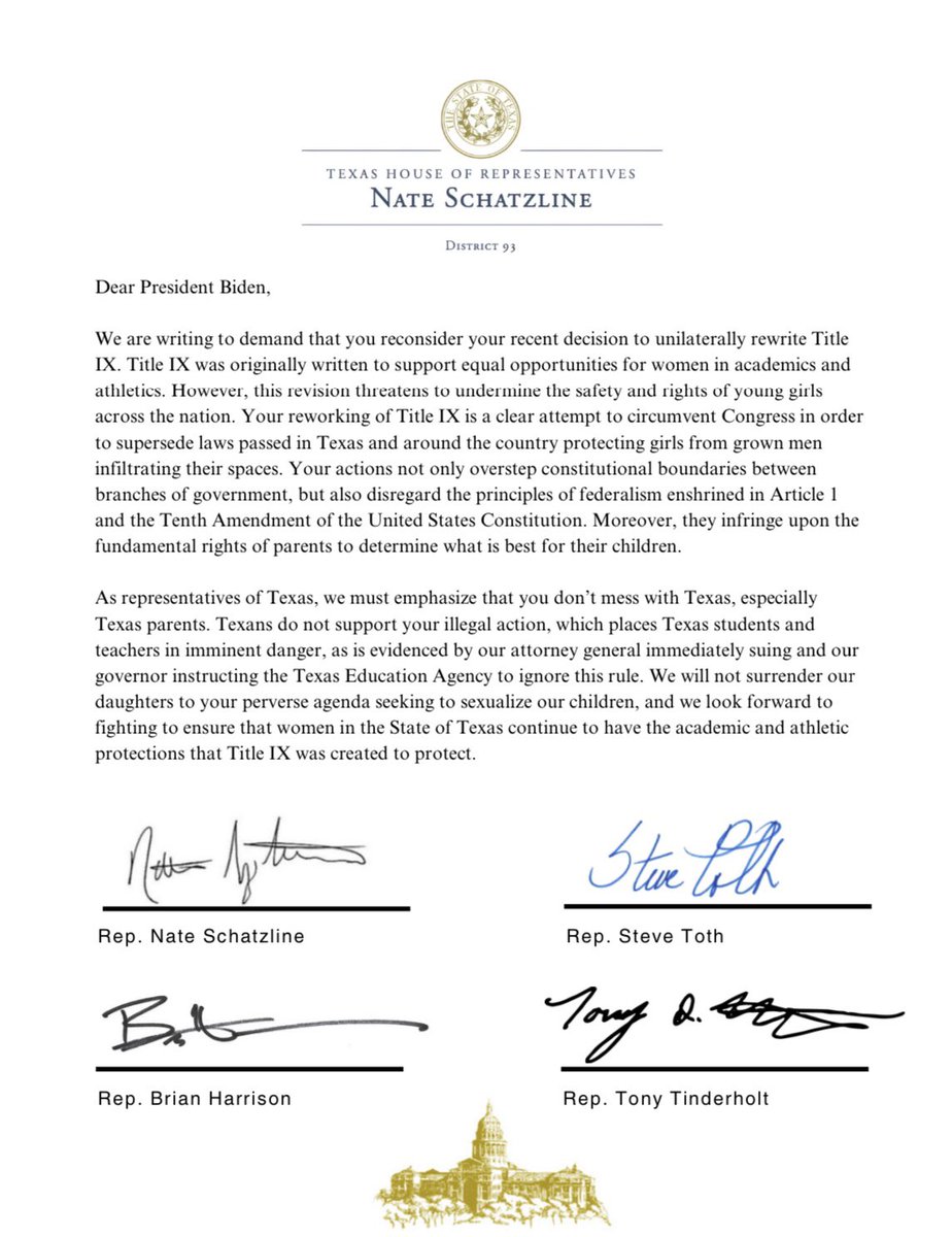 🚨🚨🚨 Our response to the Biden Administration’s latest attempt to sexualize our kids & undermine parents‼️ I am proud to join @brianeharrison @reptinderholt & @Toth_4_Texas in demanding that @JoeBiden reconsider his decision to unlawfully rewrite Title IX. Dont mess with Texas…