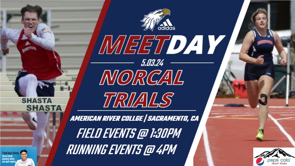 MEET DAY!
Siskiyous at NorCal Trials
2 - DAY MEET
Field Events @ 1:30 PM
Running Events @ 4 PM
Live results: in bio
GO EAGLES!