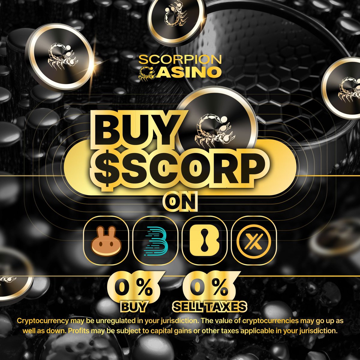 GOLDEN CHANCE TO BUY CHEAP $SCORP 🏆

💼 Taxes: 0% Buy / 0% Sell 

💲 Buy now on Pancakeswap HERE: 
buff.ly/3UlwSpf

💲 Buy now on Dexview: 
buff.ly/3W3dqiw

🆕 Trade $SCORP on XT now
buff.ly/3JKvvdP