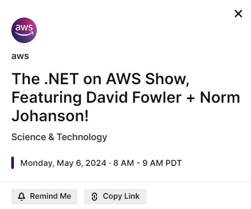 I have the pleasure of co-guesting with David Fowler, @davidfowl, on the .NET on AWS Twitch show Monday. Should be an interesting conversation combining our backgrounds. We'll focus on .NET Aspire and what you can do with Aspire and AWS. twitch.tv/aws/schedule?s…