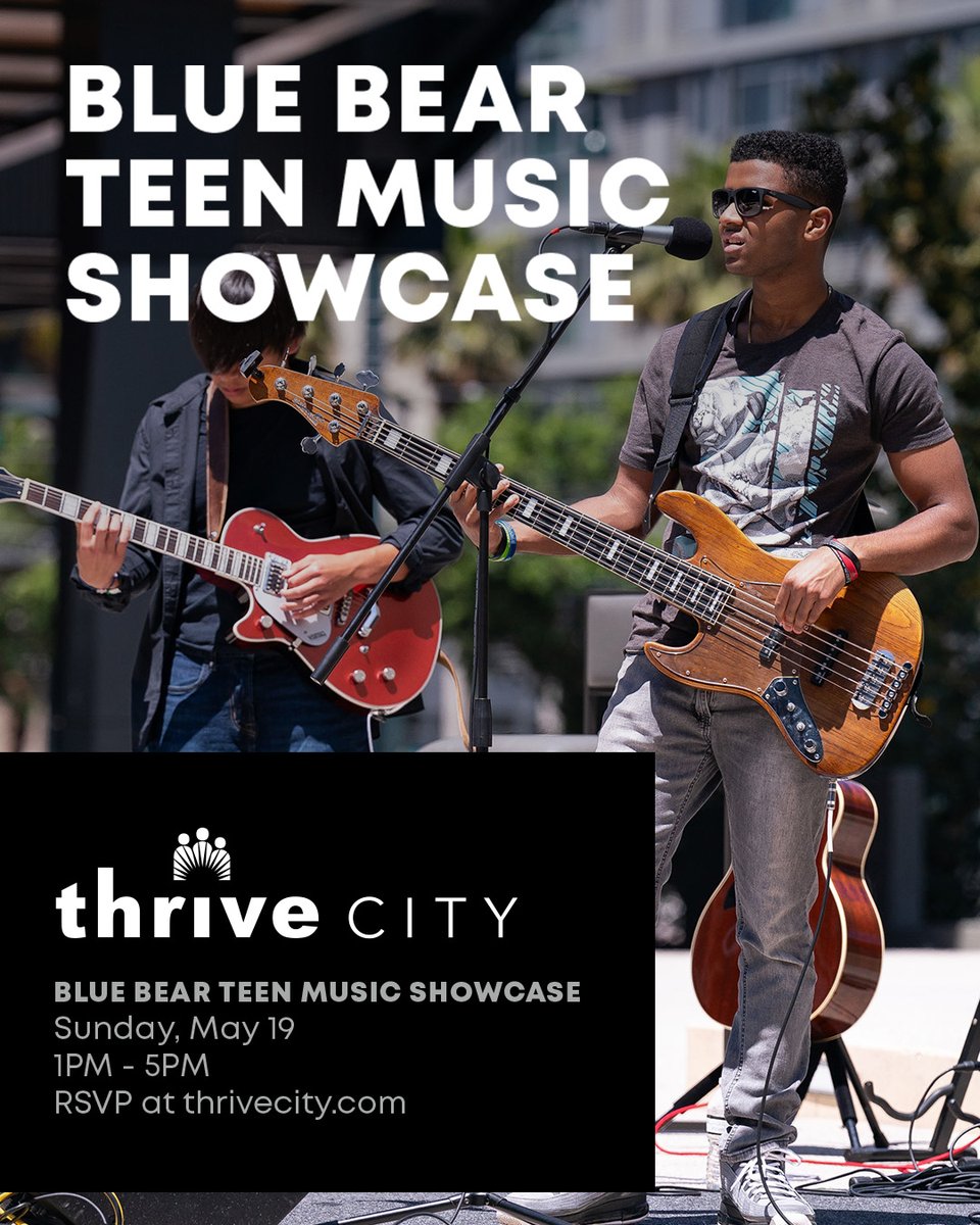 Rock out with our Blue Bear Teen Music Showcase 🤘 Spend a fun afternoon listening to middle and high school bands from the Blue Bear's All Star Band Program perform in Thrive City on Sunday, May 19 RSVP » bit.ly/44o3SAU