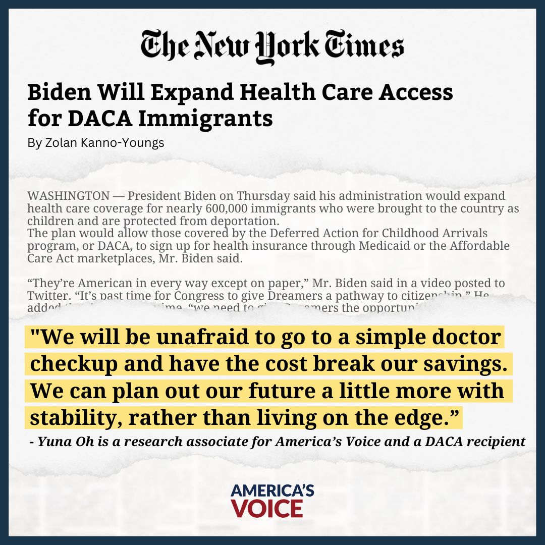 The Biden Administration announced that #DACA recipients can access the Affordable Care Act! “We will be unafraid to go to a simple doctor checkup and have to cost break our savings.” Read more from our Research Associate, @yunaoh08: nyti.ms/3UIEEZ6