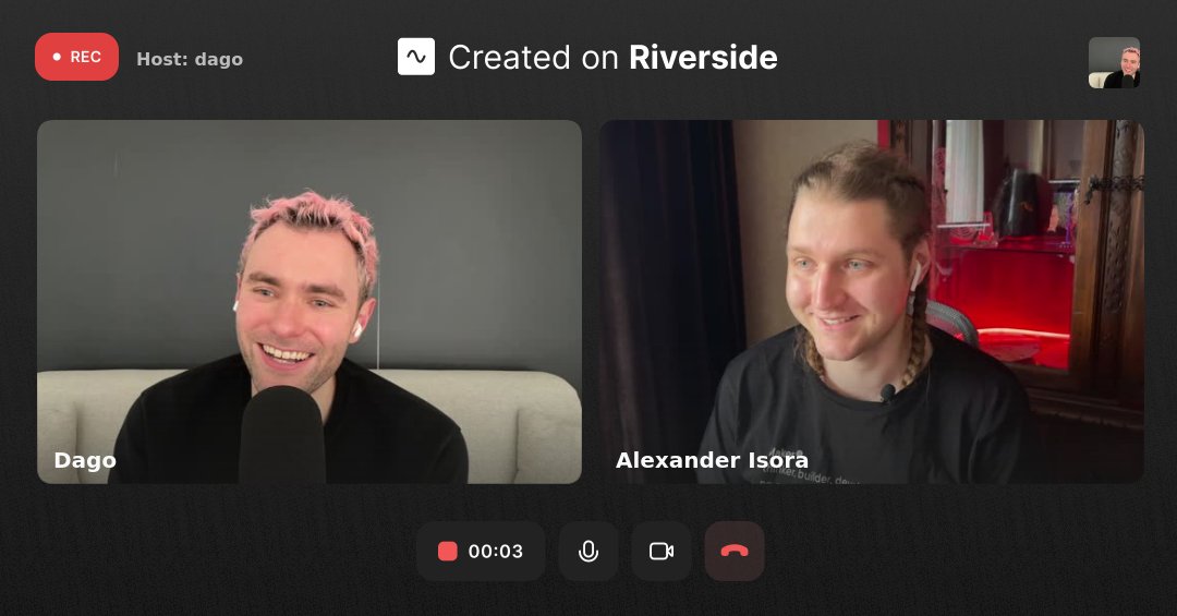 Just had a 2h30 conversation with @alexanderisorax. We're both exhausted but it was awesome. Talked about: - being an indiehacker at 20 vs 30 - power of authenticity to stand out - accepting that being an entrepreneur may not be right for you Will post soon 🎙️