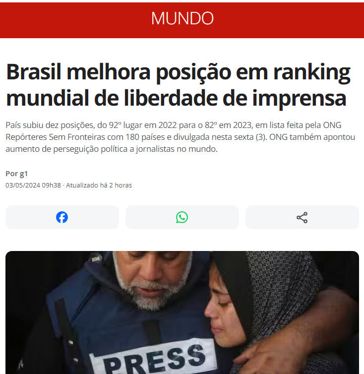 Mas é muita cara-de-pau dessa ONG! O principal motivo da melhora da posição, de acordo com a matéria foi que👇 'O novo governo de Luiz Inácio Lula da Silva traz de volta uma normalização das relações entre as organizações estatais e a imprensa, após o mandato de Jair Bolsonaro…