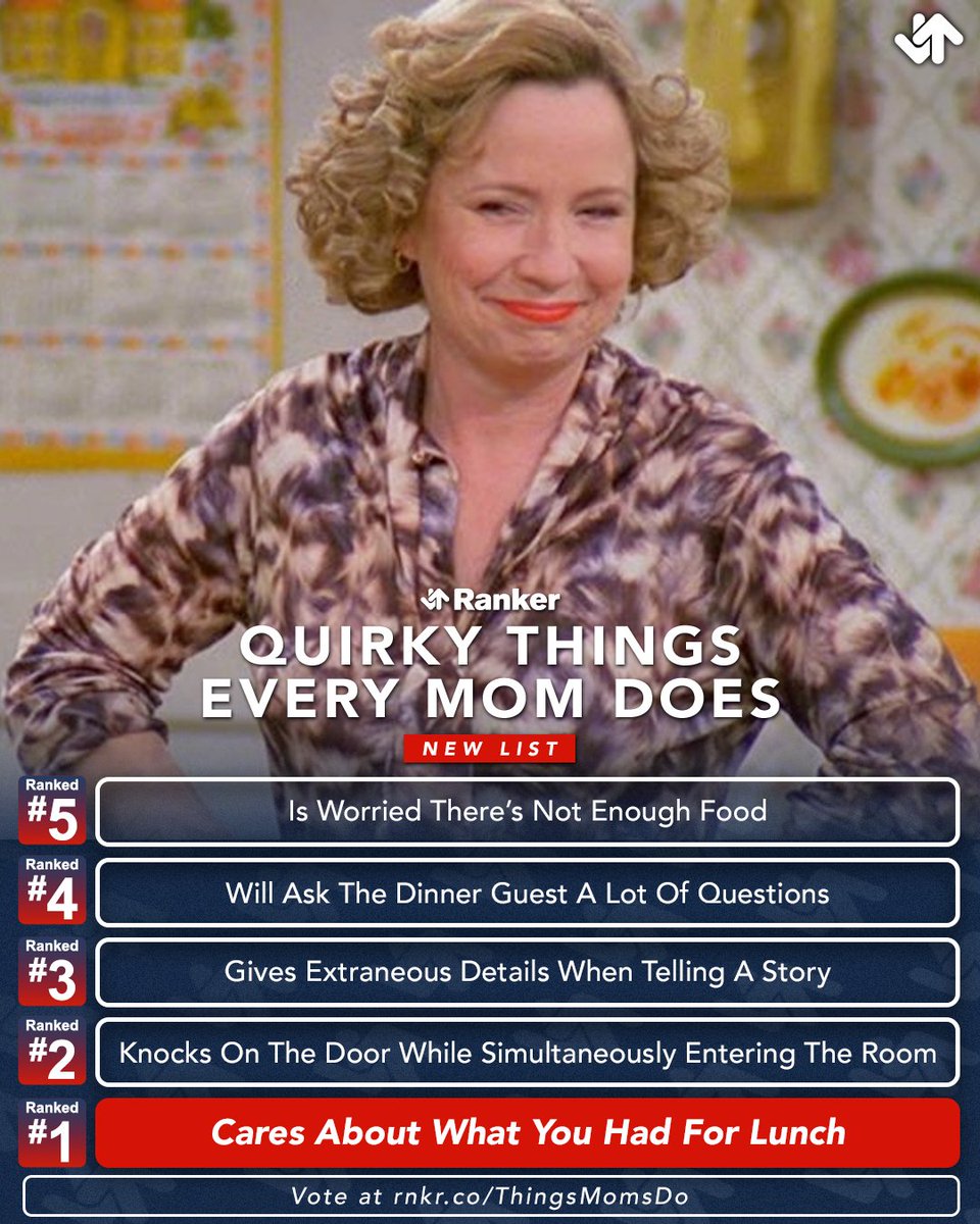 From sitcoms to reality, Moms exude the same traits that we all experience. Which Mom-coded qualities did we miss? Which are spot-on? With Mother's Day near, folks are voting on our @ranker list of Quirky Things Every Mom Does. 👩‍👦 ↓↑ Vote on full list: rnkr.co/ThingsMomsDo