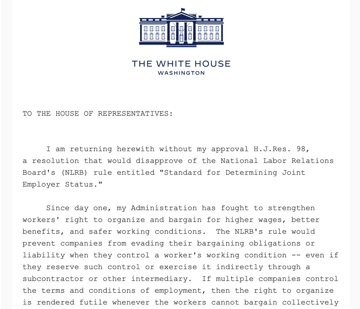 AFLCIO's tweet image. “I make no apologies for my Administration protecting the right to organize and bargain collectively.”

Thank you, Mr. President, for standing with workers and vetoing this House scheme to weaken workers&apos; collective bargaining rights.