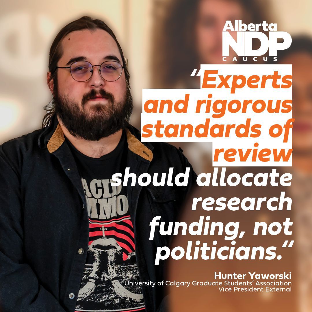 This is my friend Hunter, one of UofC Grad Student Association's newest exec at an ANDP presser and he's absolutely right!
Recent (overdue) federal increases to research funding should absolutely not be hindered by political ideology.